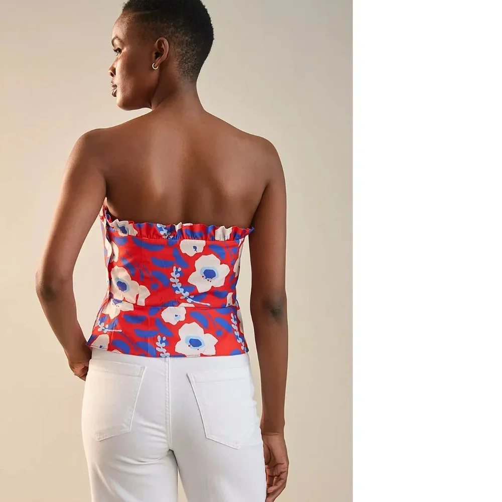 Anthropologie Red Floral Ruffled V-Neck Sleeveless Top - Picture 5 of 6